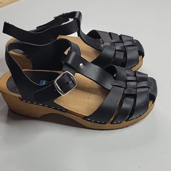 MIA ORIGINAL AUTHENTIC SWEDISH CLOG BLACK LEATHER TAN SANDALS 37 6 1/2 6.5 - Picture 2 of 11
